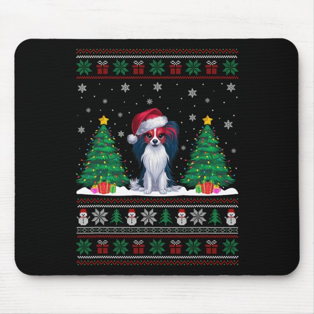 Santa Hat Papillon Dog Christmas Tree Lights Ugly  Mouse Pad (Front)