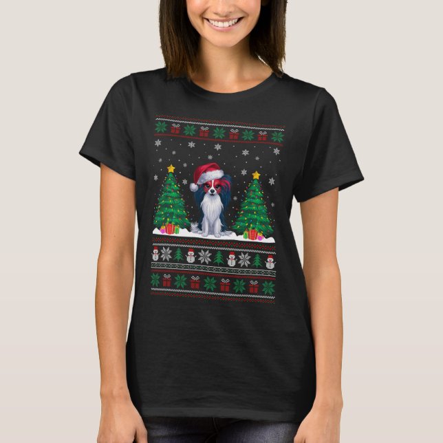 Santa Hat Papillon Dog Christmas Tree Lights Ugly  T-Shirt (Front)