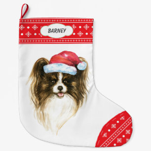Santa Hat Papillon Dog Snowflake Border Large Christmas Stocking