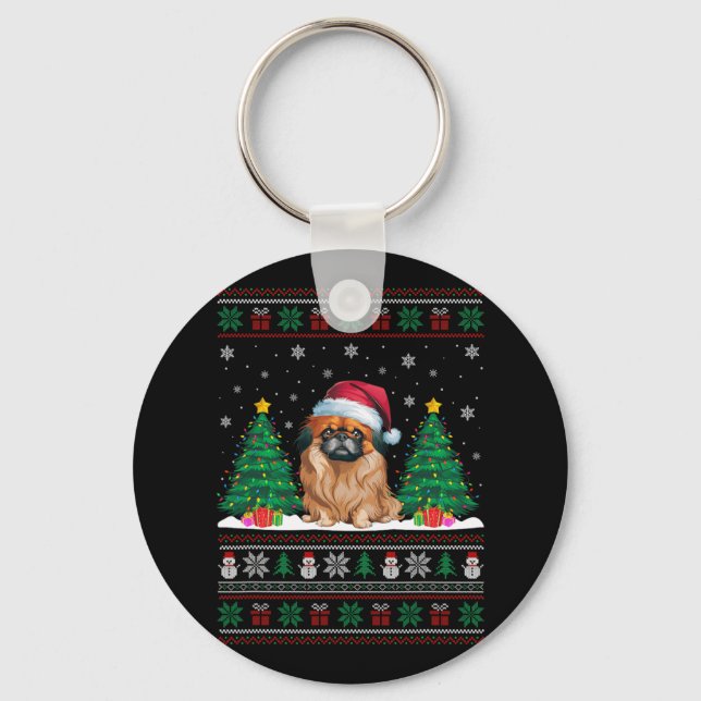 Santa Hat Pekingese Dog Christmas Tree Lights Ugly Key Ring (Front)