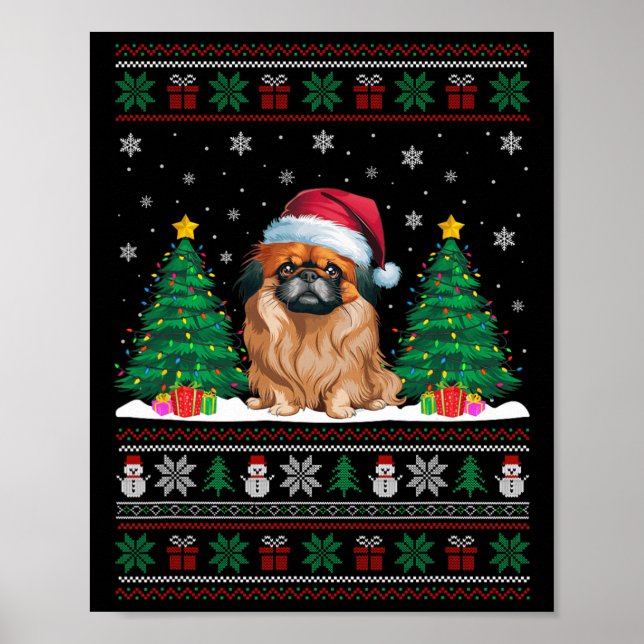 Santa Hat Pekingese Dog Christmas Tree Lights Ugly Poster (Front)