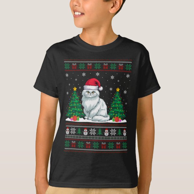 Santa Hat Persian Cat Christmas Tree Lights Ugly S T-Shirt (Front)