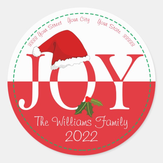 Santa Hat Personalised Christmas Return Address Classic Round Sticker (Front)
