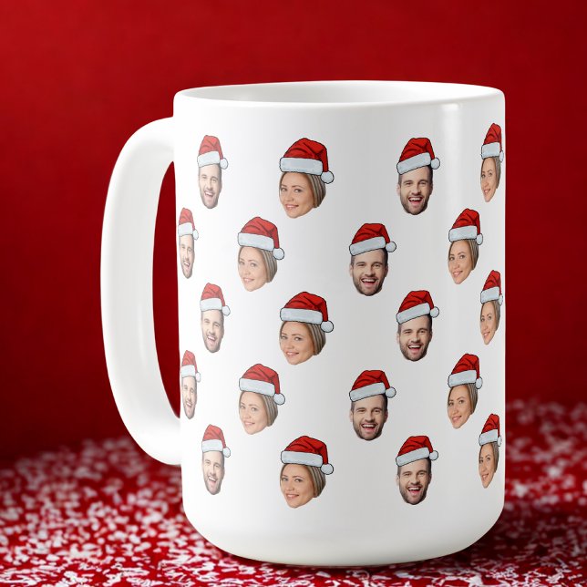 Santa Hat Personalised Face 2 Photo Christmas Gift Coffee Mug (Creator Uploaded)