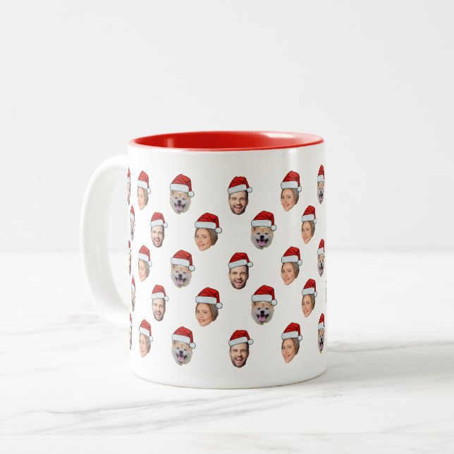 Santa Hat Personalised Face 3 Photo Christmas Gift Two-Tone Coffee Mug (Front Left)