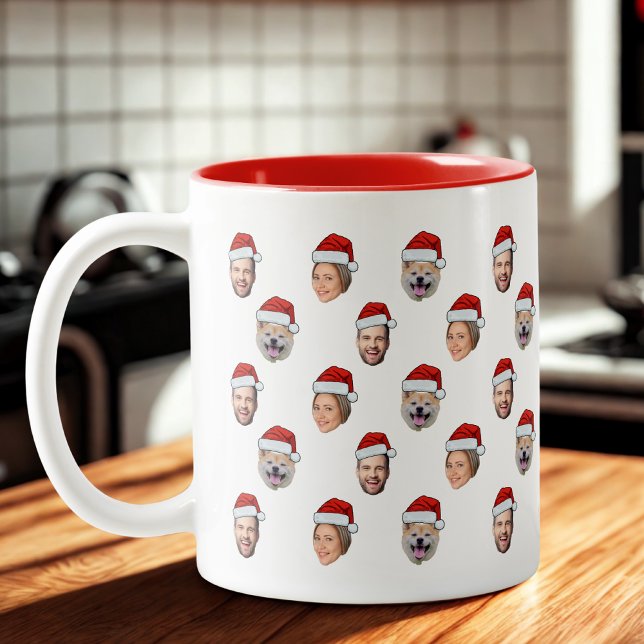 Santa Hat Personalised Face 3 Photo Christmas Gift Two-Tone Coffee Mug (Creator Uploaded)