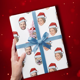 Santa Hat Personalised Face 3 Photo Christmas Gift Wrapping Paper