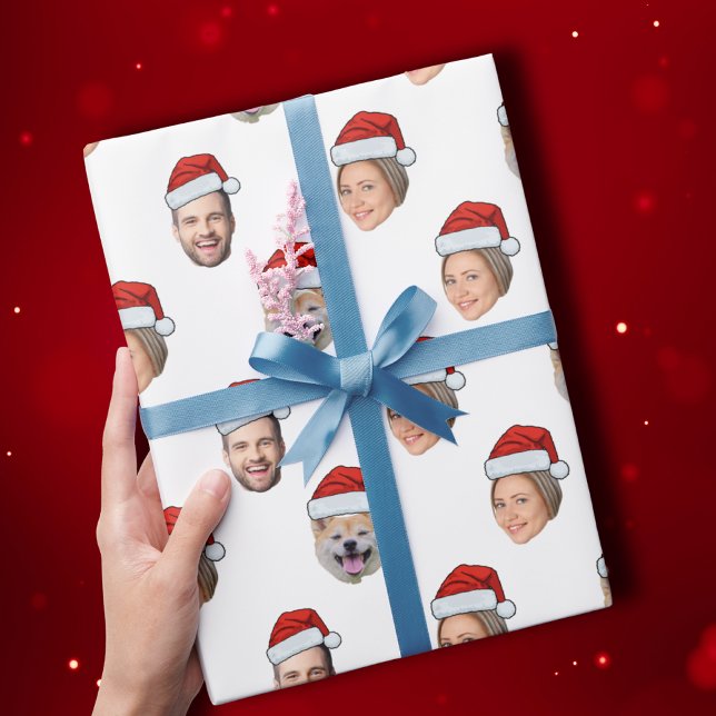 Santa Hat Personalised Face 3 Photo Christmas Gift Wrapping Paper (Creator Uploaded)