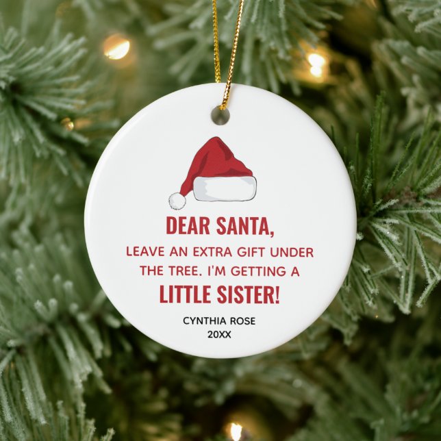 Santa Hat Personalised I'm Getting A Little Sister Ceramic Ornament (Tree)