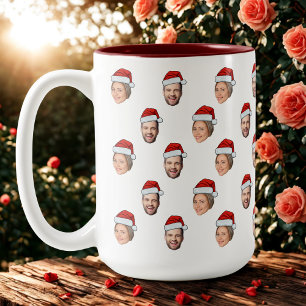 Santa Hat Personalized Face 2 Photo Christmas Gift Two-Tone Coffee Mug