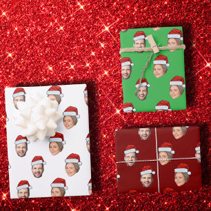 Santa Hat Personalized Face 2 Photo Christmas Gift Wrapping Paper Sheet