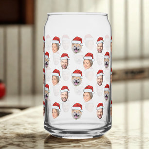 Santa Hat Personalized Face 3 Photo Christmas Gift Can Glass