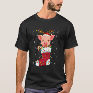 Santa Hat Pig Animal In Socks Xmas Tree Lights  T-Shirt