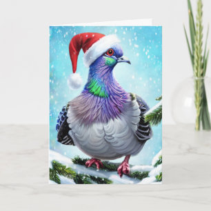 Santa Hat Pigeon in Falling Snow Christmas Card