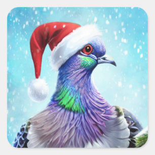 Santa Hat Pigeon in Falling Snow Christmas Square Sticker