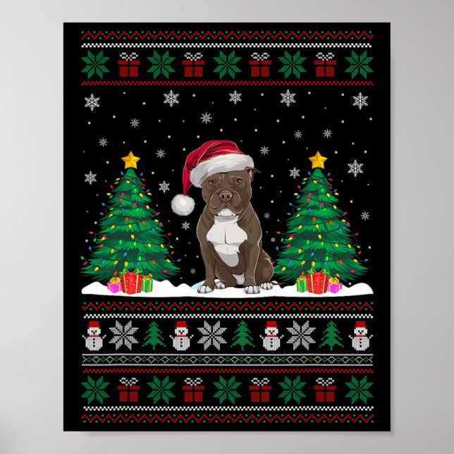 Santa Hat Pitbull Dog Christmas Tree Lights Ugly S Poster (Front)