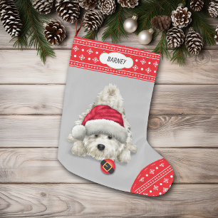 Santa Hat Playful Westie Snowflake Border Large Christmas Stocking