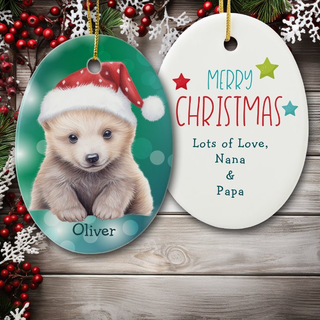 Santa Hat Polar Bear Cub Kids Ceramic Ornament (Creator Uploaded)