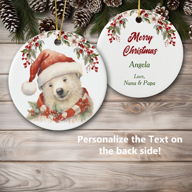 Santa Hat Polar Bear Holly Berries Christmas Ceramic Ornament (Creator Uploaded)
