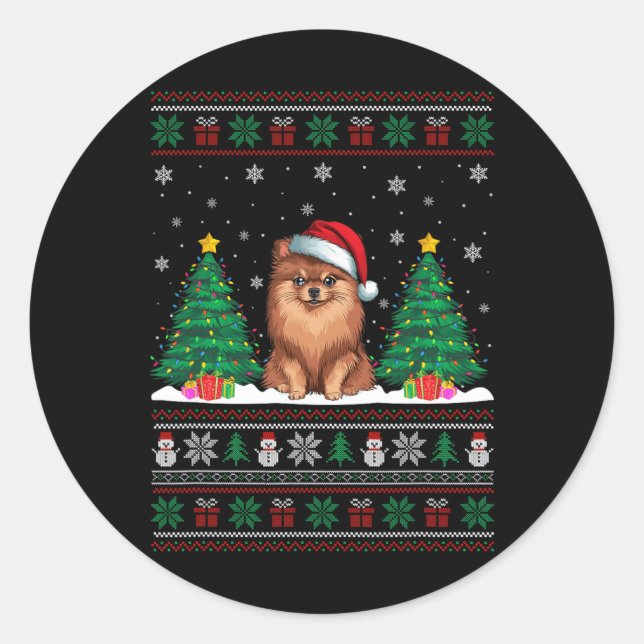 Santa Hat Pomeranian Dog Christmas Tree Lights Ugl Classic Round Sticker (Front)