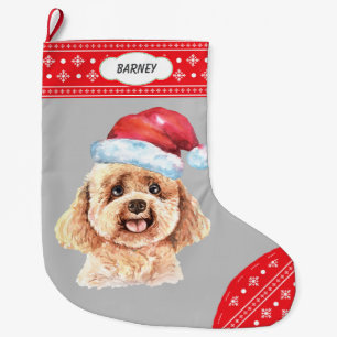 Santa Hat Poodle Dog Snowflake Border Large Christmas Stocking