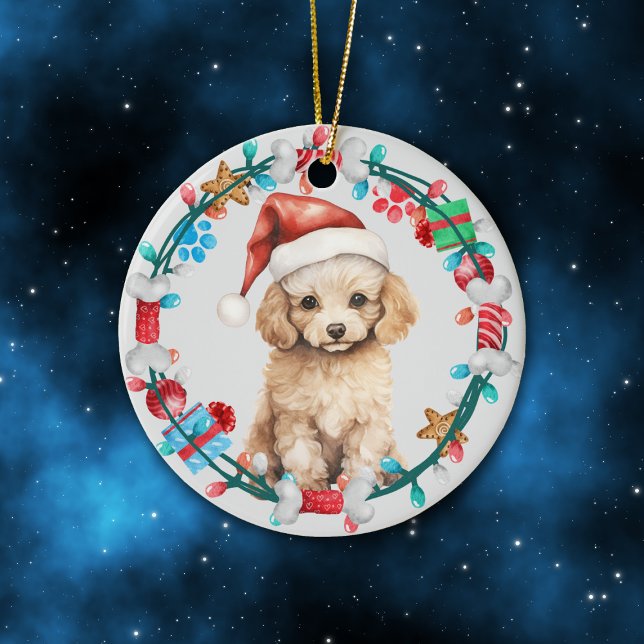 Santa Hat Poodle Puppy Bone Wreath Ceramic Ornament (Creator Uploaded)