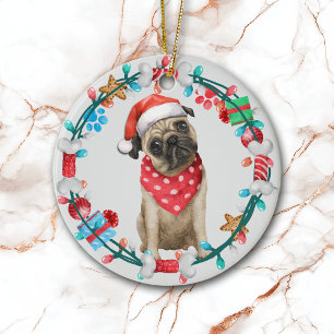 Santa Hat Pug Dog Bone Wreath Ceramic Ornament