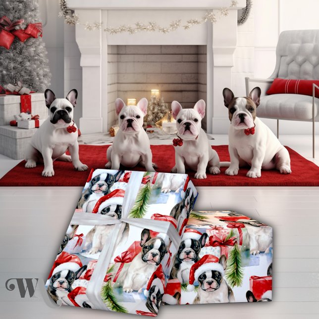 Santa Hat Pups Frenchie Gift Wrapping Paper (Creator Uploaded)