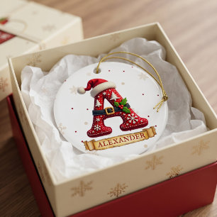 Santa Hat Red Christmas Letter A Name Ceramic Ornament