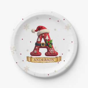 Santa Hat Red Christmas Letter A Name Paper Plate