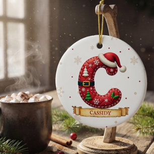 Santa Hat Red Christmas Letter C Name Ceramic Ornament