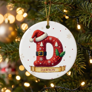 Santa Hat Red Christmas Letter D Name Ceramic Ornament