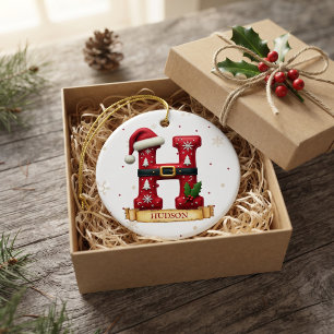 Santa Hat Red Christmas Letter H Name Ceramic Ornament