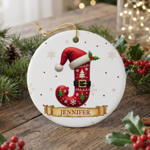 Santa Hat Red Christmas Letter J Name Ceramic Ornament