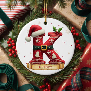 Santa Hat Red Christmas Letter K Name Ceramic Ornament