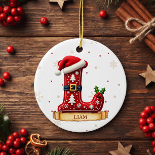 Santa Hat Red Christmas Letter L Name Ceramic Ornament