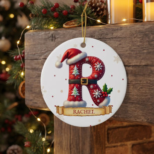 Santa Hat Red Christmas Letter R Name Ceramic Ornament