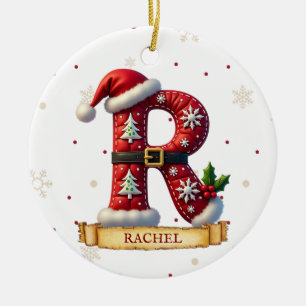 Santa Hat Red Christmas Letter R Name Ceramic Ornament