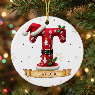 Santa Hat Red Christmas Letter T Name Ceramic Ornament
