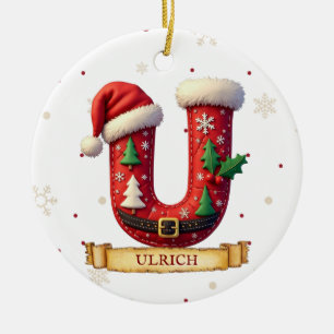 Santa Hat Red Christmas Letter U Name Ceramic Ornament