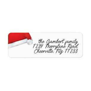 Santa Hat Red Merry Christmas Script Three Photo Return Address Label