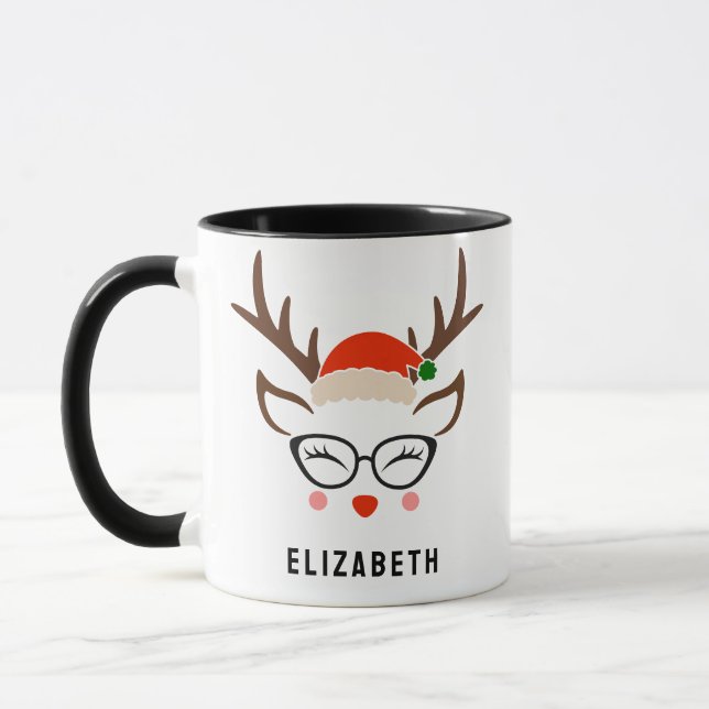 Santa Hat Reindeer Cute Girl Christmas Black Mug (Left)