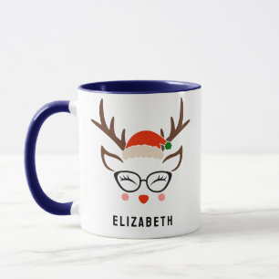 Santa Hat Reindeer Cute Girl Christmas Blue Mug