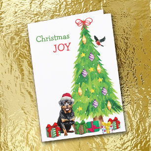 Santa Hat Rottweiler Dog, Bird and Christmas Tree Holiday Card