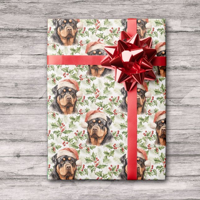 Santa Hat Rottweiler Dog Christmas Holly Wrapping Paper (Creator Uploaded)
