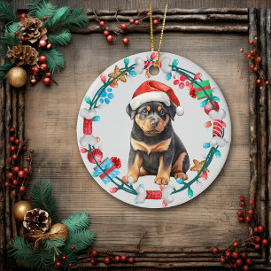 Santa Hat Rottweiler Puppy Bone Wreath Ceramic Ornament