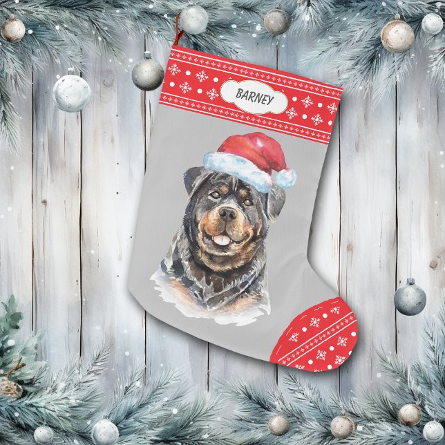 Santa Hat Rottweiler Snowflake Border Large Christmas Stocking (Creator Uploaded)