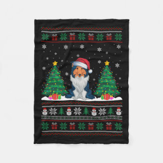 Santa Hat Rough Collie Dog Xmas Tree Lights Ugly S Fleece Blanket