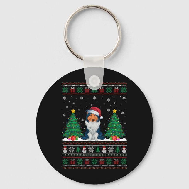 Santa Hat Rough Collie Dog Xmas Tree Lights Ugly S Key Ring (Front)