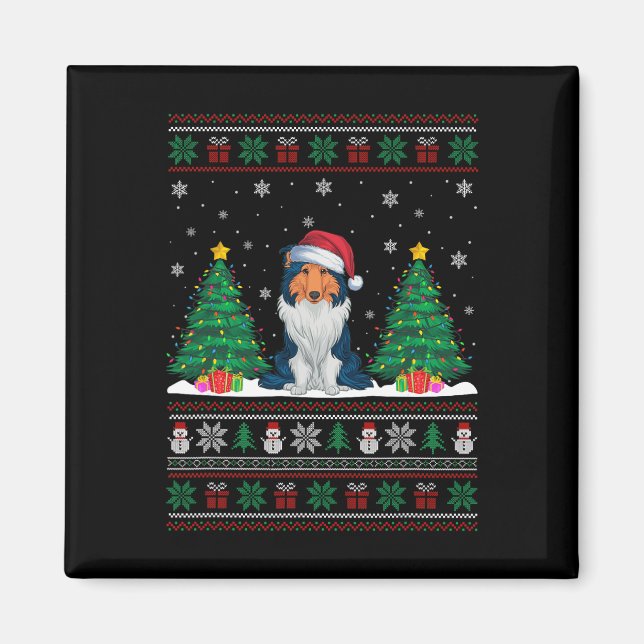 Santa Hat Rough Collie Dog Xmas Tree Lights Ugly S Magnet (Front)